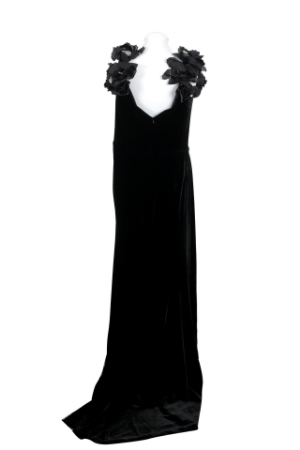 Show details for Elegant Marchesa black velvet gown featuring a dramatic floral appliqué neckline and floor-length silhouette with train. Picture of Elegant Marchesa black velvet gown featuring a dramatic floral appliqué neckline and floor-length silhouette with train.